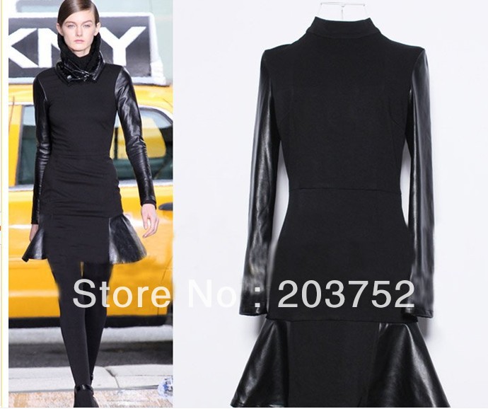 Latest Catwalk 2013 Autumn/Winter Women Fashion PU Patchwork Fish Tail Long Sleeve Leather Skirt Designer Dresses