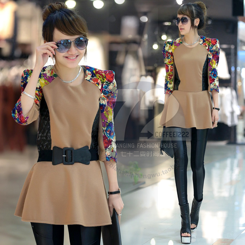 Ld373 2013 spring women's leather patchwork print woolen one-piece dress