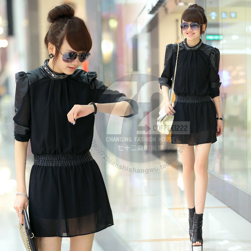 Ld8007 2013 spring women's leather patchwork long-sleeve chiffon one-piece dress