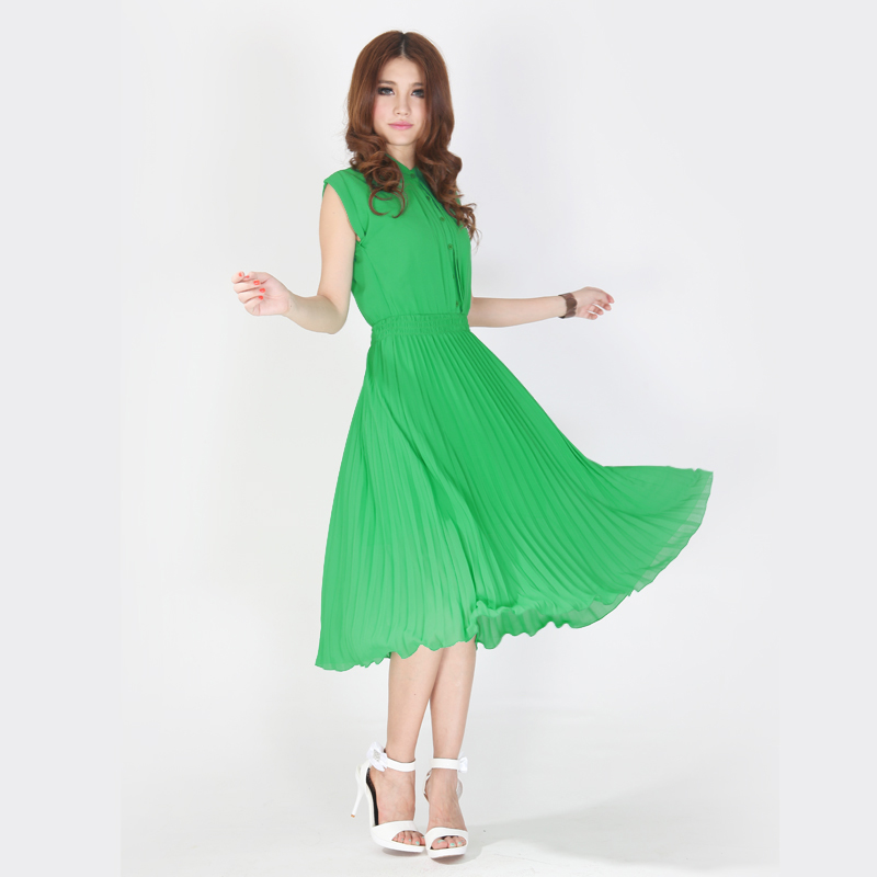 Leather 2013 spring and summer long design stand collar pleated one-piece dress green full dress tp3122