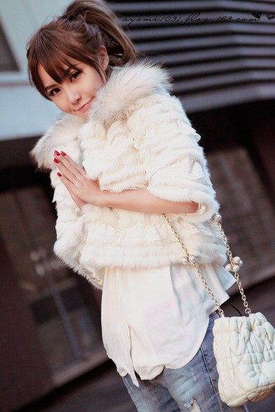 Leather cape hare outerwear high quality ayomi beautiful lace large fur collar short design