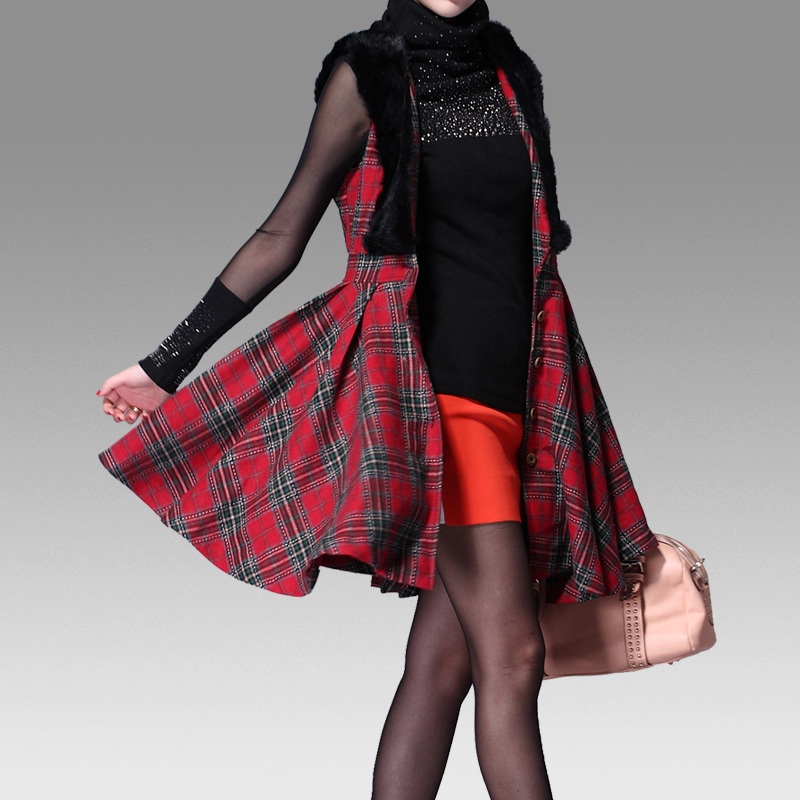 Leather cape hare wool vintage big plaid slim waist expansion bottom cardigan style woolen one-piece dress