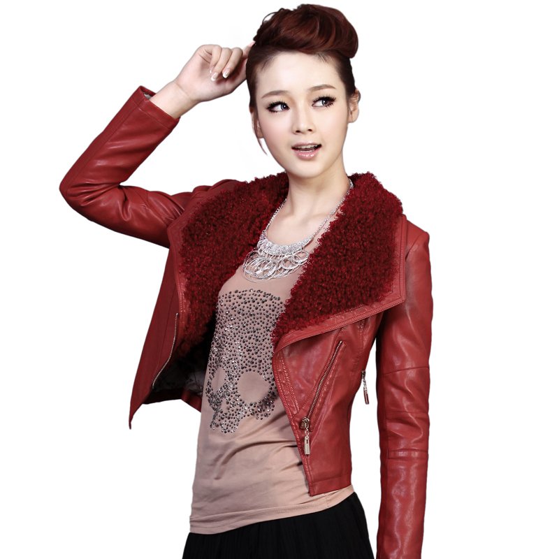 Leather clothing 2012 autumn outerwear fur collar short design slim leather clothing women's leather wadded jacket 1325