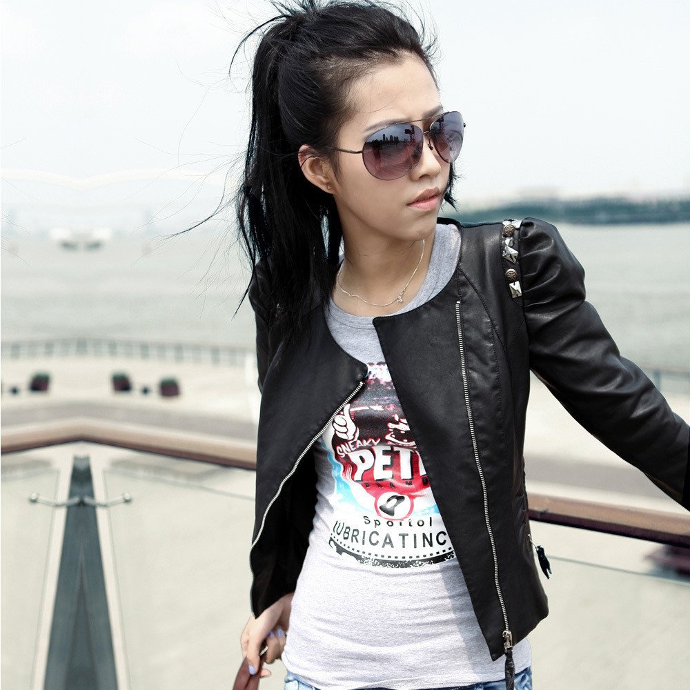 Leather clothing 2012 autumn outerwear motorcycle rivet short design slim PU o-neck small leather clothing 1177