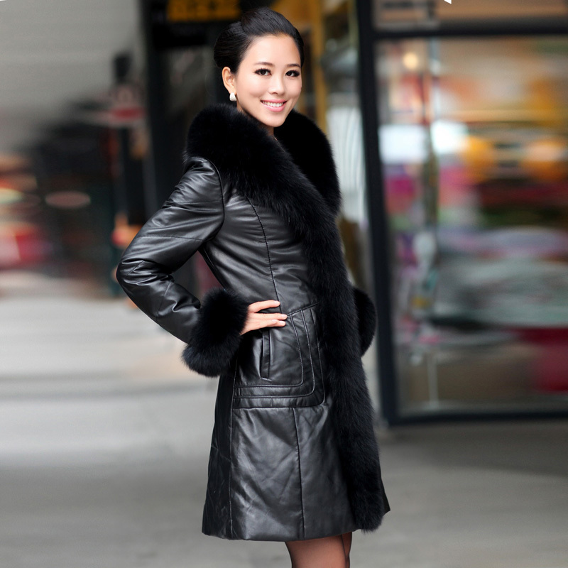 Leather clothing 2012 genuine leather down coat sheepskin fox fur leather clothing long overcoat