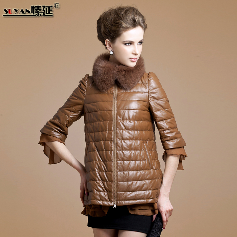 Leather clothing 2012 genuine leather down coat three quarter sleeve fox fur female sheepskin leather clothing sy8878