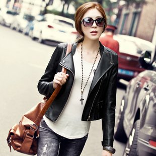 Leather clothing 2013 autumn outerwear turn-down collar short design slim leather clothing female jacket 5219