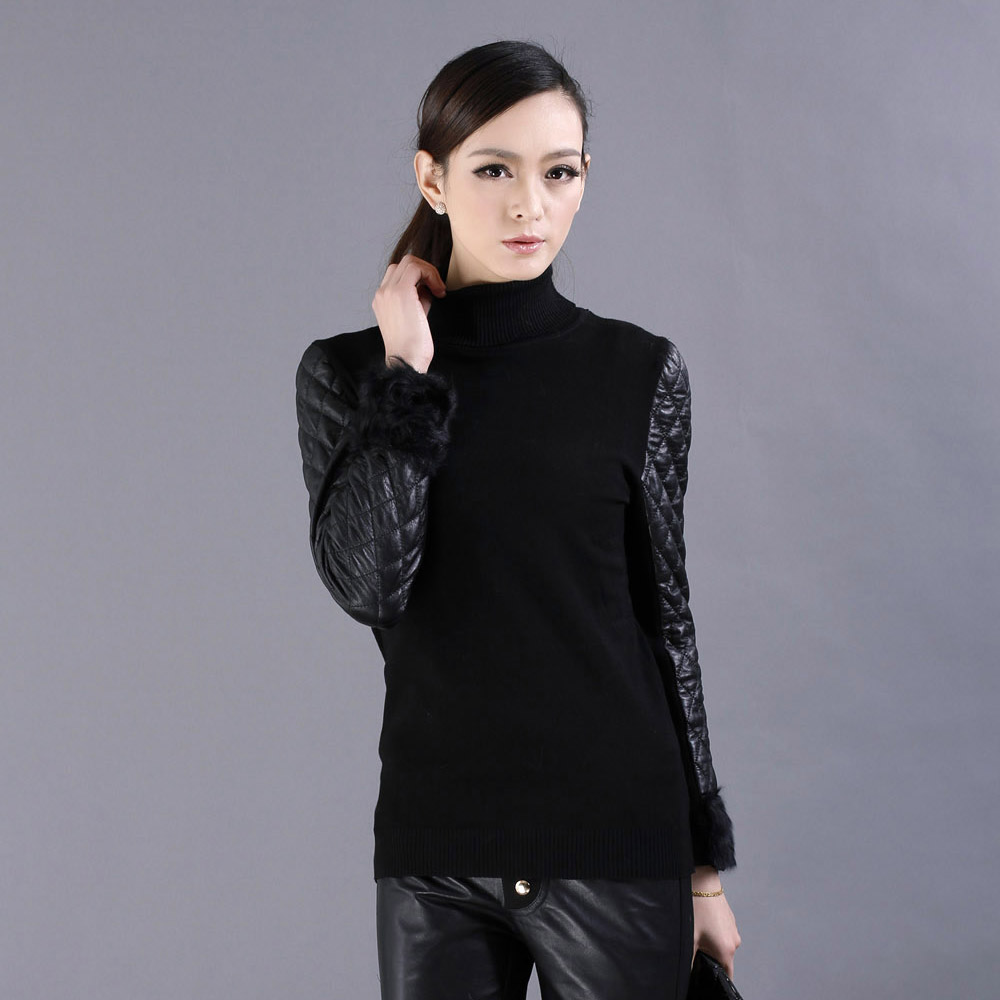 Leather clothing 2013 spring and autumn fashion women's turtleneck patchwork genuine leather basic shirt berber fleece