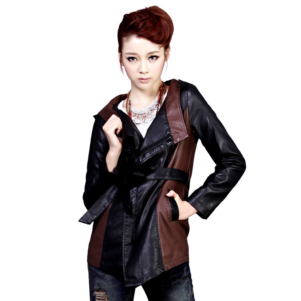 Leather clothing 2013 spring outerwear hooded women's medium-long slim leather clothing 1327