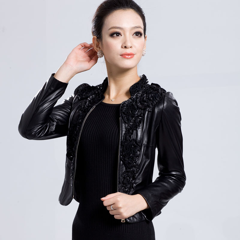 Leather clothing 2013 spring Women genuine leather clothing slim short design stand collar leather clothing outerwear