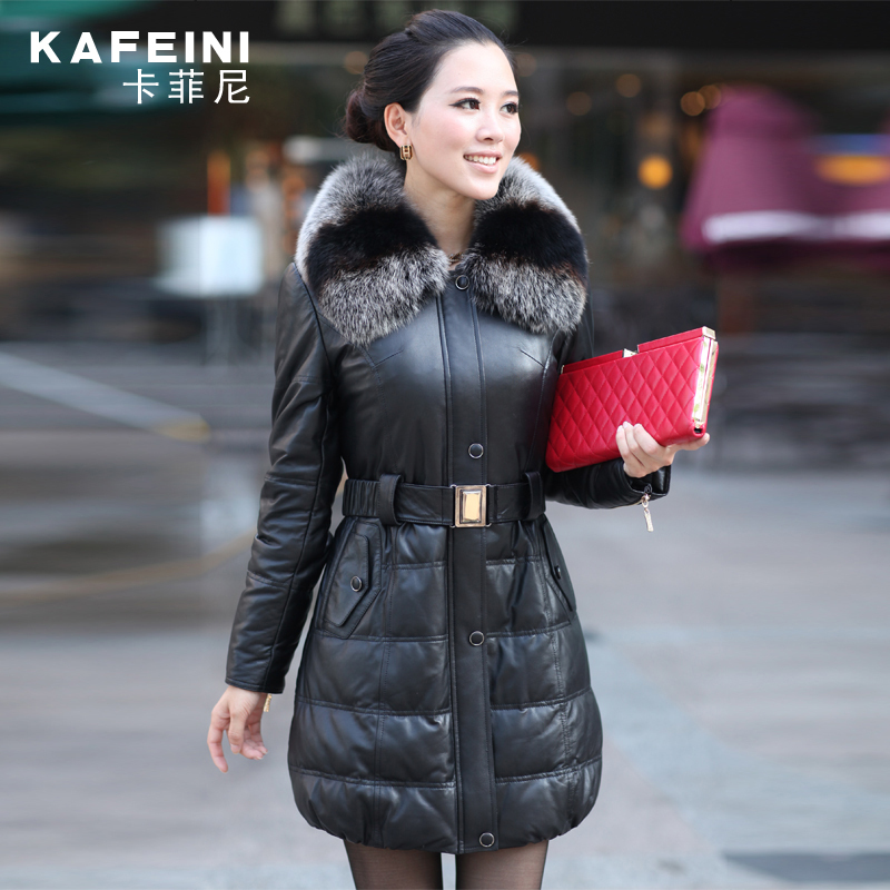 Leather clothing large fox fur sheepskin genuine leather down coat female medium-long slim down leather clothing