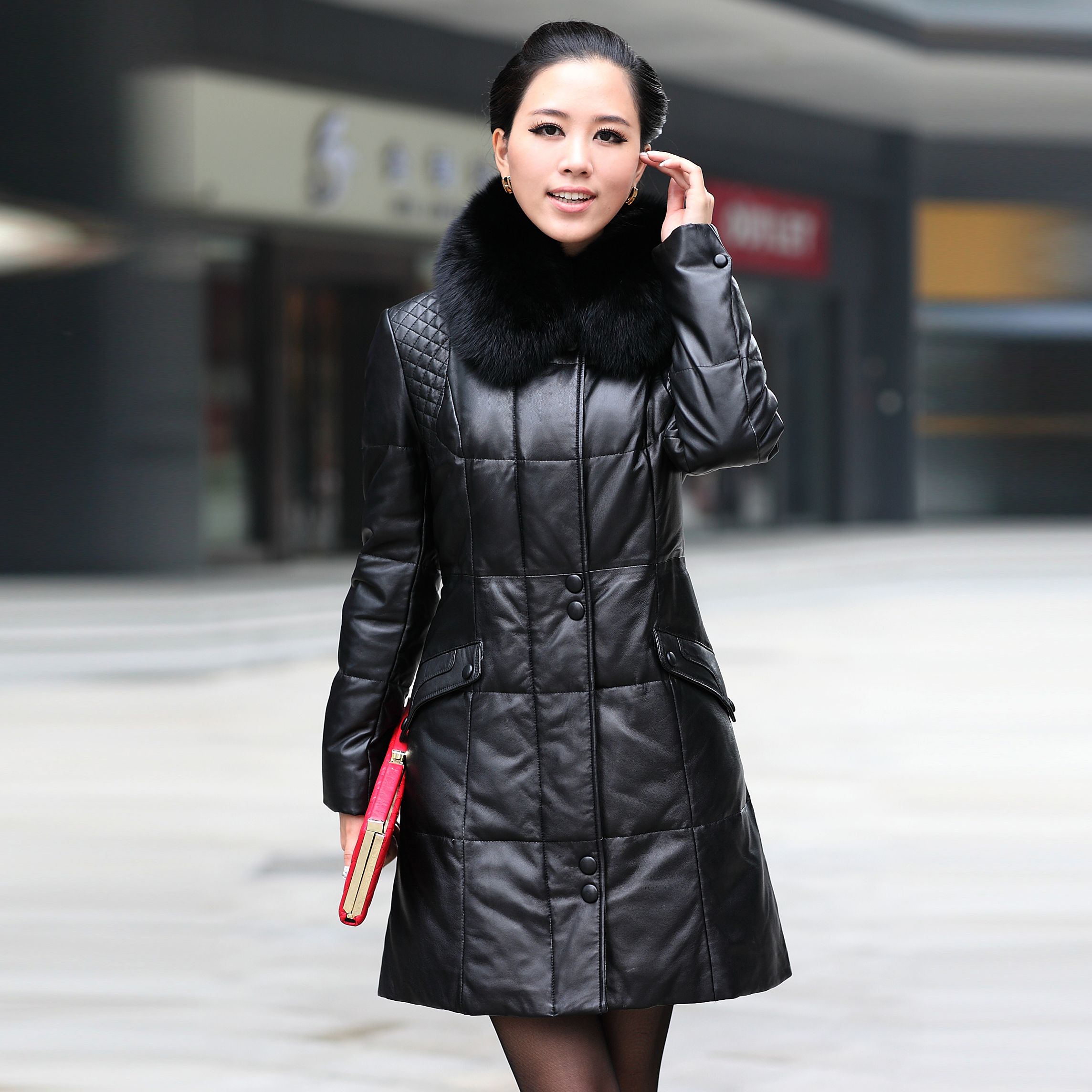 Leather clothing large fox fur sheepskin genuine leather down coat female medium-long slim down leather clothing