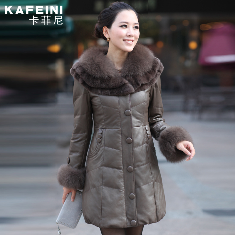 Leather clothing large fox fur sheepskin genuine leather down coat female medium-long slim down leather clothing