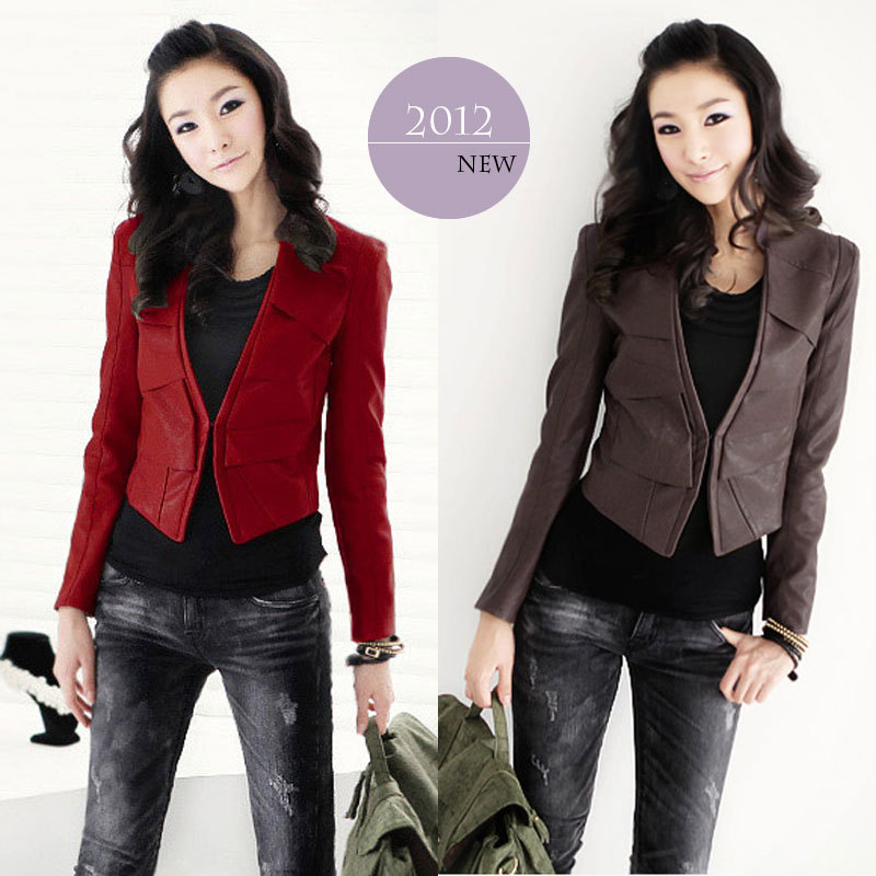 Leather clothing outerwear long-sleeve blazer slim patchwork high waist red black ol women's