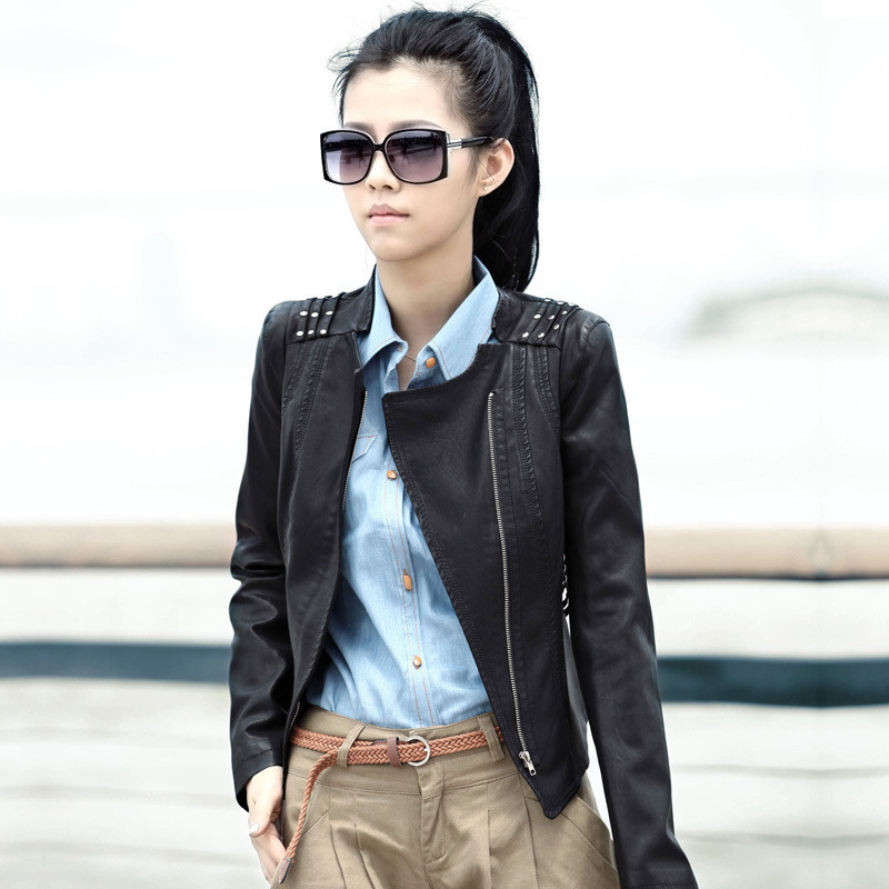 Leather clothing outerwear short design slim rivet PU leather clothing women jacket 1152