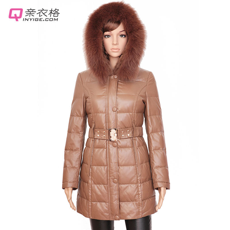 Leather clothing Women genuine leather thickening down coat outerwear fox fur rabbit fur hooded medium-long overcoat plus size