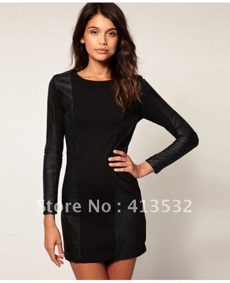 Leather Detailed One-Piece Black Dress With Back Zipper - 55792