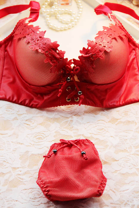 Leather fashion side gathering furu adjustable sexy gauze push up underwear women's red bra