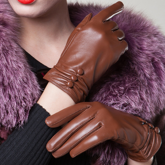 Leather gloves female genuine leather sheepskin gloves women's gloves thermal fashion button