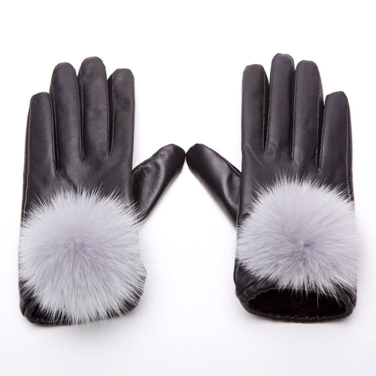 Leather gloves female genuine leather winter thermal fleece lined push-up fox fur suede gloves fur gloves