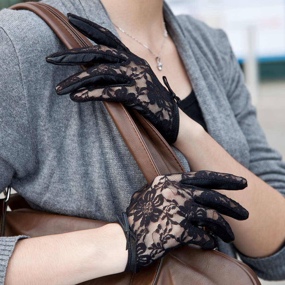 Leather gloves female thin genuine leather sheepskin gloves women's genuine leather gloves lace w-09