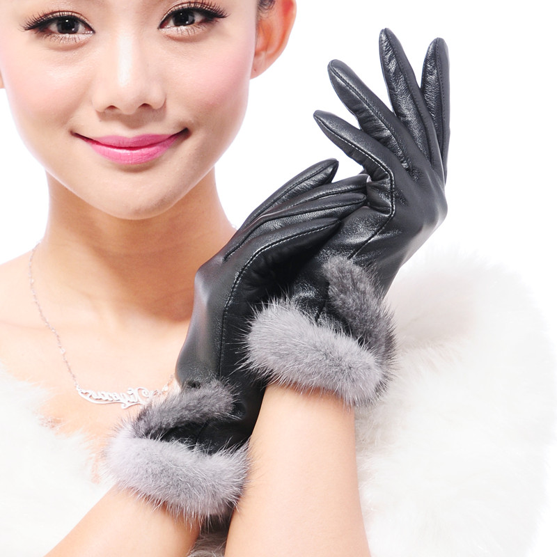 Leather gloves female thin winter genuine leather gloves sheepskin gloves women's mink hair