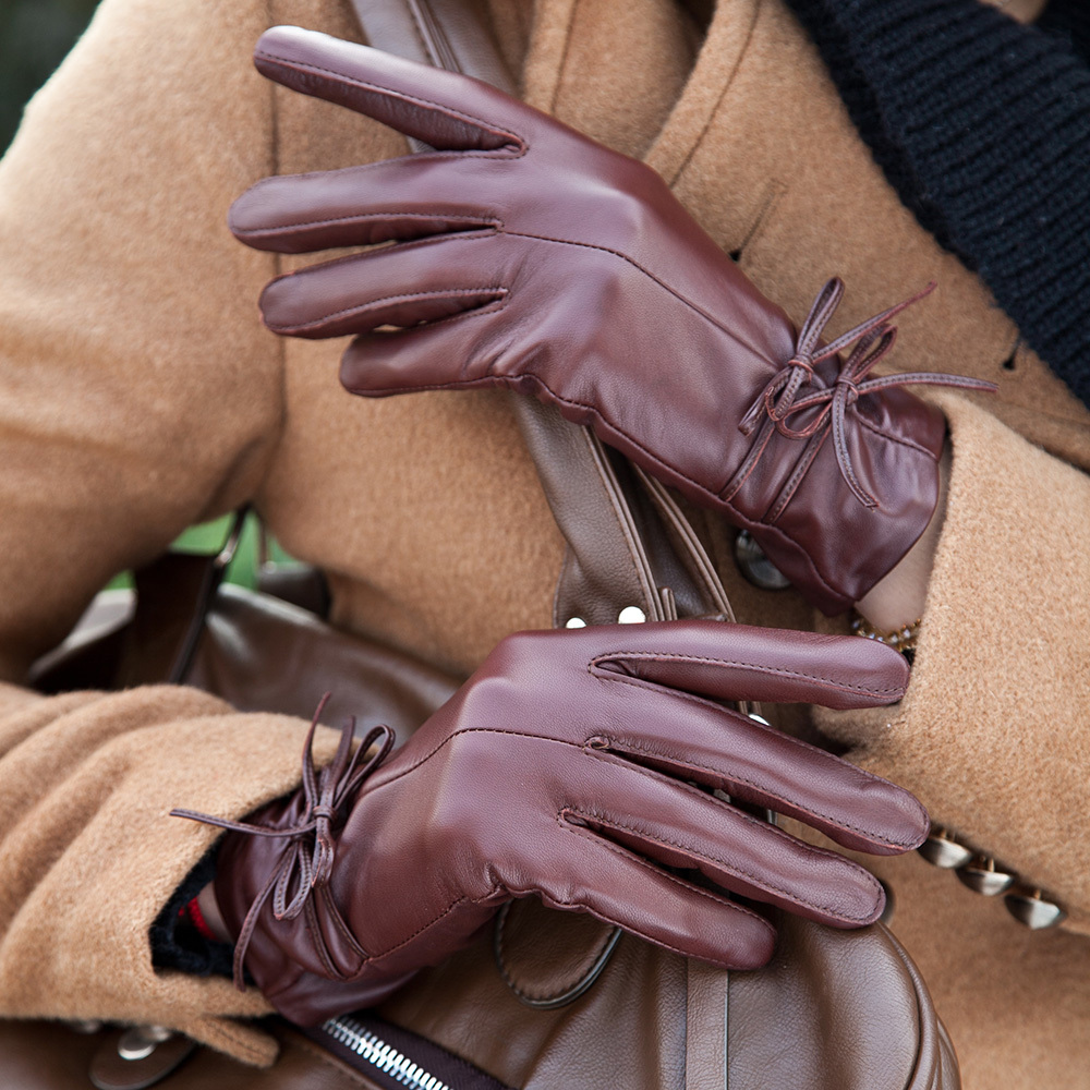 Leather gloves women's sheepskin winter thermal sheepskin genuine leather gloves bow w-16