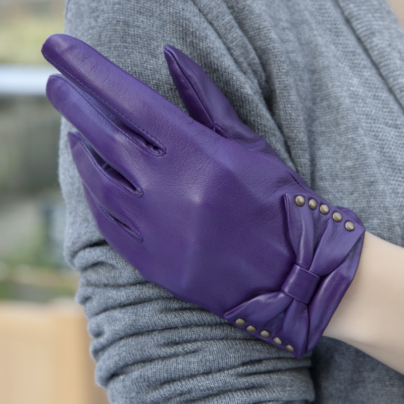 Leather gloves women's sheepskin winter ultra-thin genuine leather sheepskin gloves bow w-26