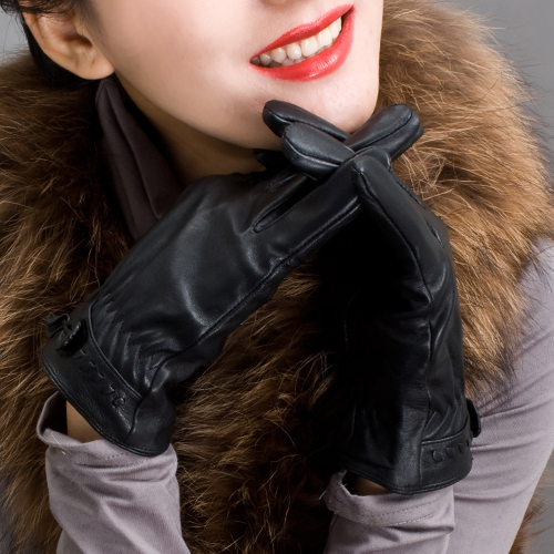 leather gloves women's winter fashion sheepskin genuine leather gloves bow