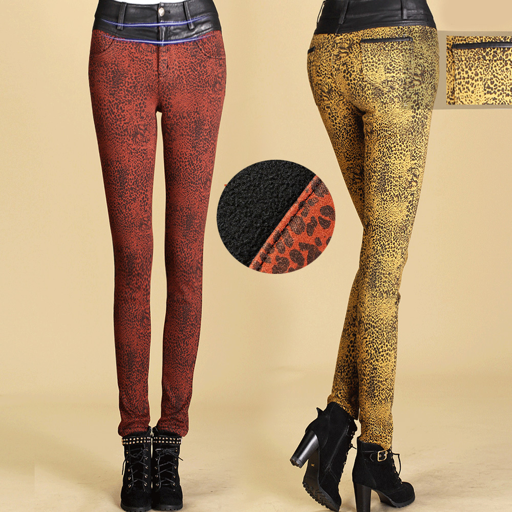 Leather leopard print flower thickening plus velvet trousers female trousers plus size slim