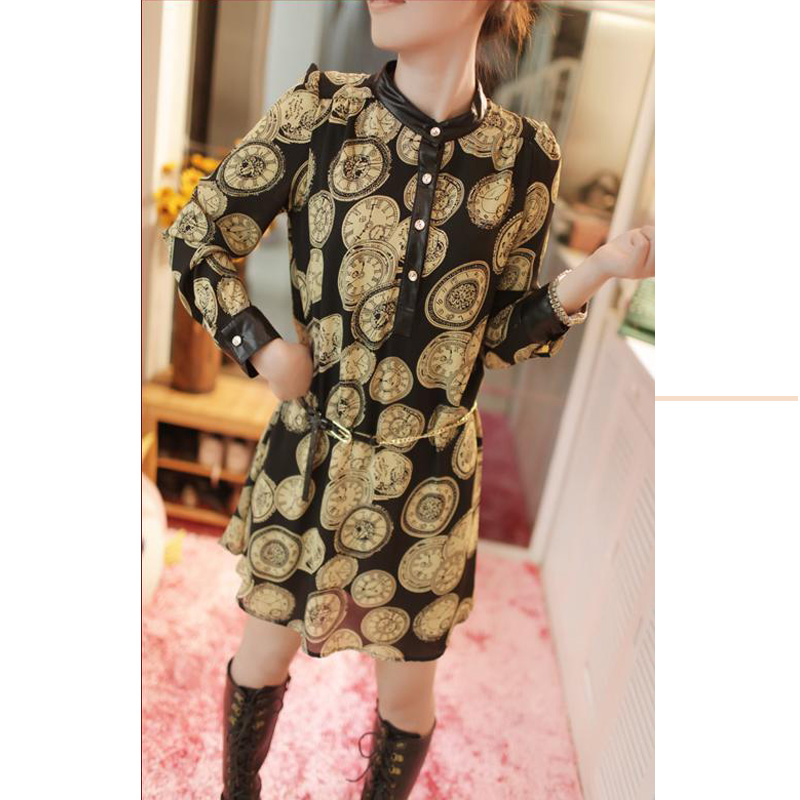 Leather multicolour long-sleeve chiffon spring one-piece dress