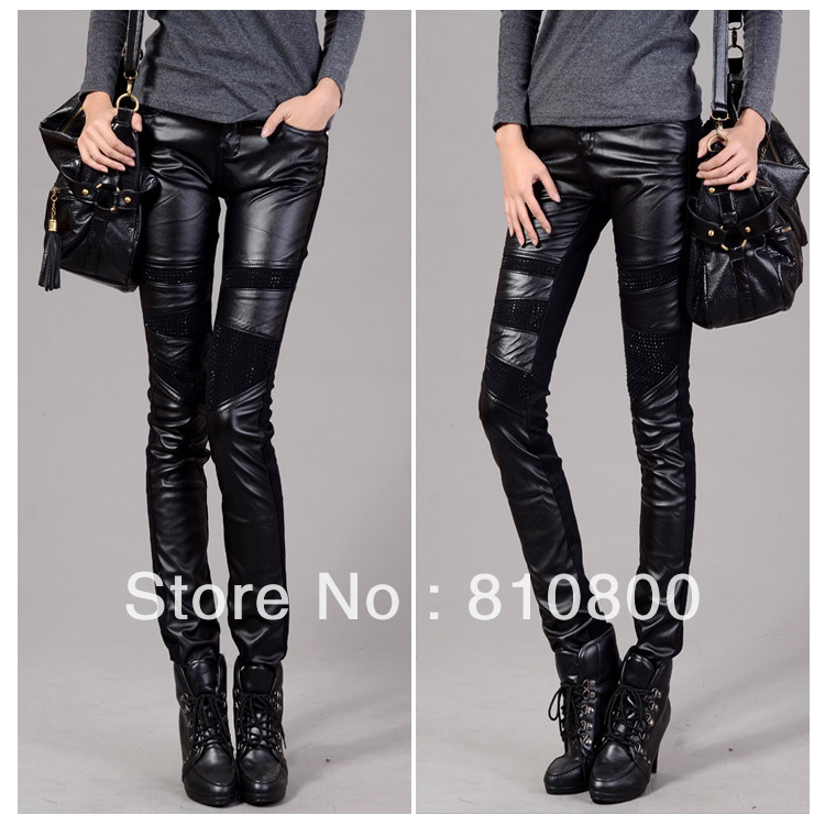 Leather pants female fashion patchwork pencil pants autumn and winter slim trousers black boot cut jeans