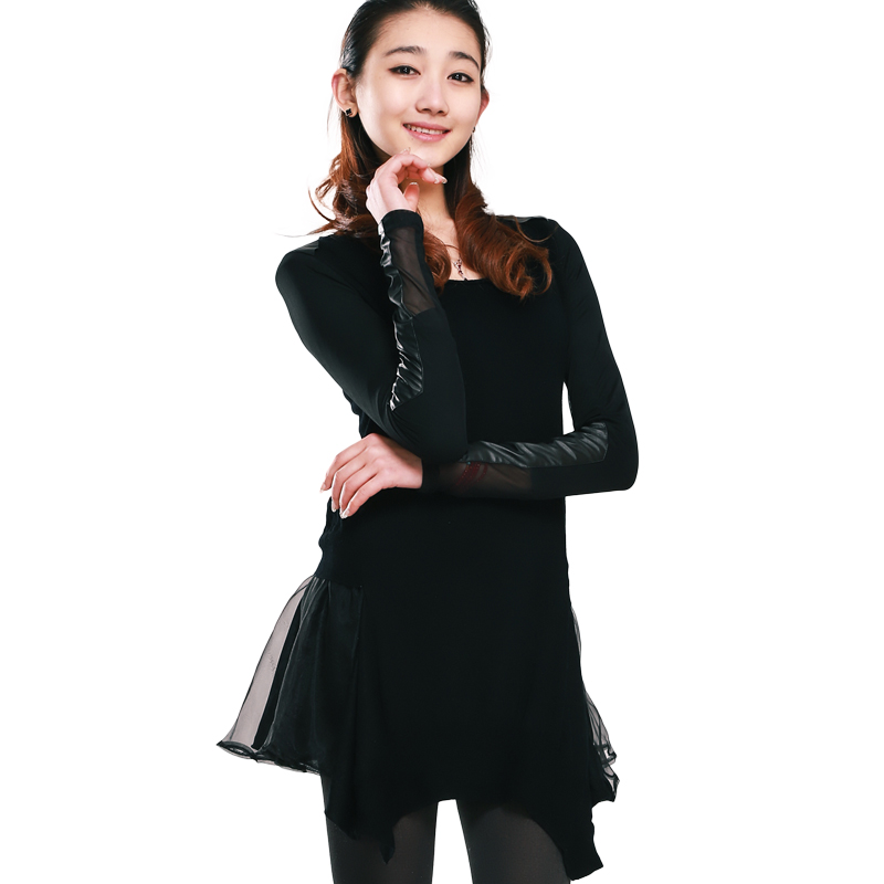 Leather patchwork organza irregular sweep long-sleeve wool one-piece dress sweater basic skirt 2013