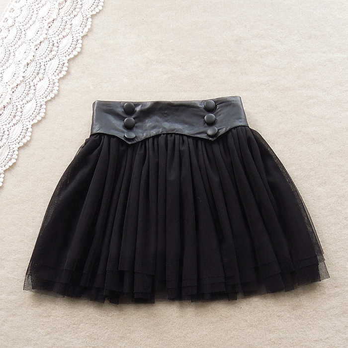 Leather patchwork tulle dress double breasted puff skirt black bust skirt short skirt