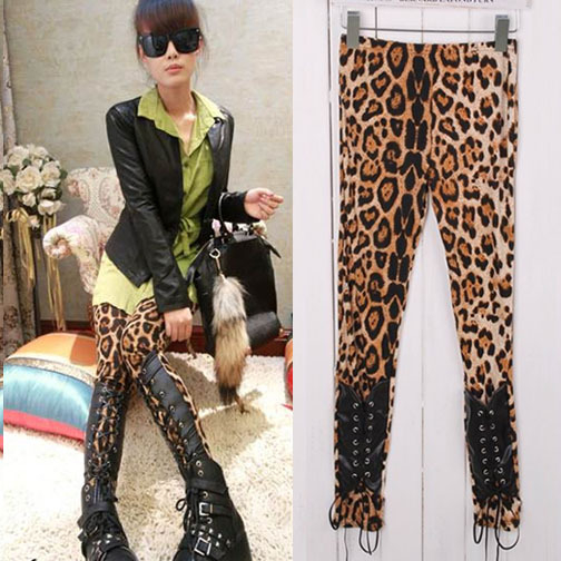 Leather strap leopard print ankle length trousers legging 7993 free shipping