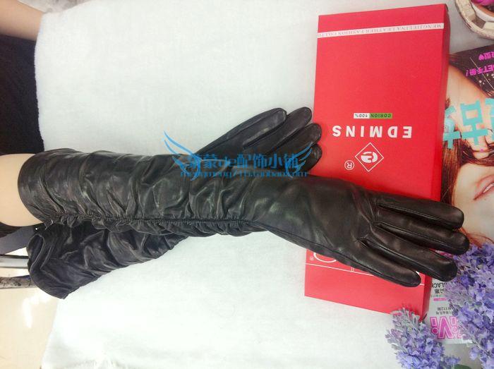 Leather suede ultra long paragraph autumn and winter all-match women's soft genuine leather gloves 55cm pleated