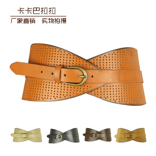 Leaves cutout curviplanar saddle elastic strap leather ultra wide cummerbund wide belt acw