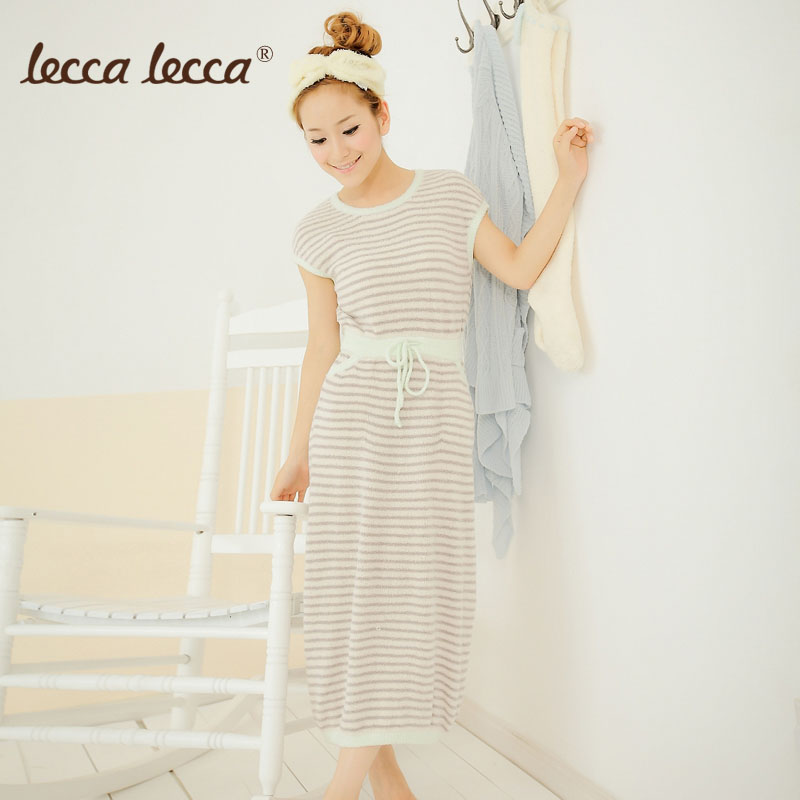 Leccalecca lounge sleepwear sweet colorant match stripe knitted robe long nightgown