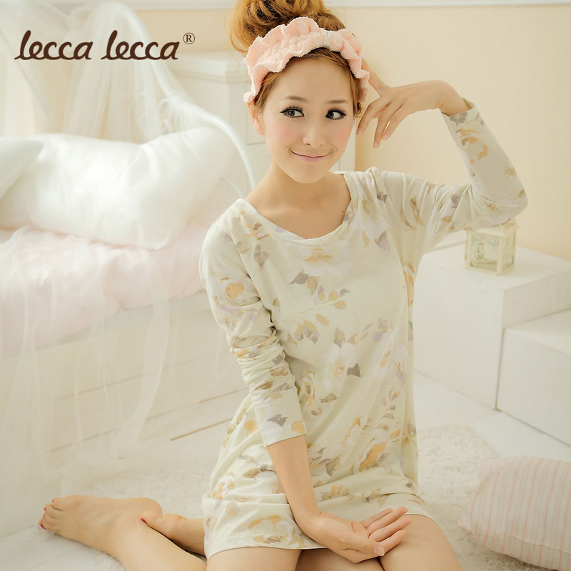 Leccalecca lounge summer female long-sleeve nightgown fresh basic one-piece dress