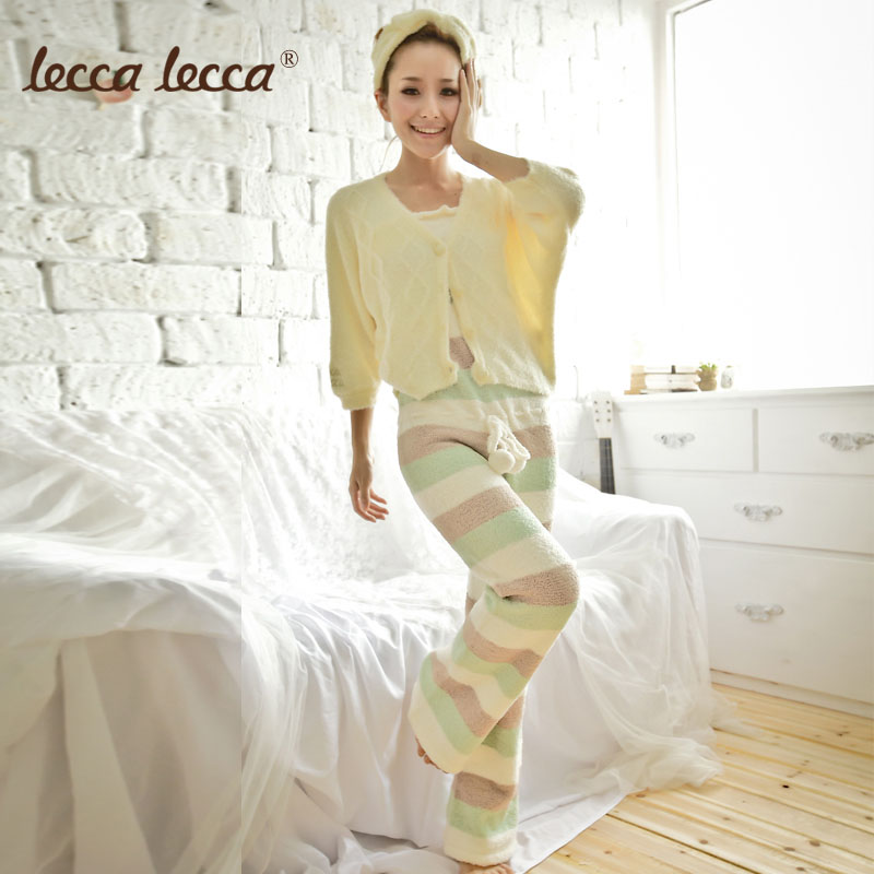 Leccalecca lounge V-neck half sleeve women's feather yarn cardigan one piece trousers set