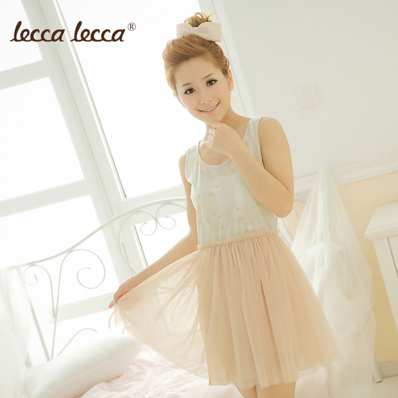 Leccalecca summer lovely sleepwear female one-piece dress print patchwork high waist sleepwear home dress