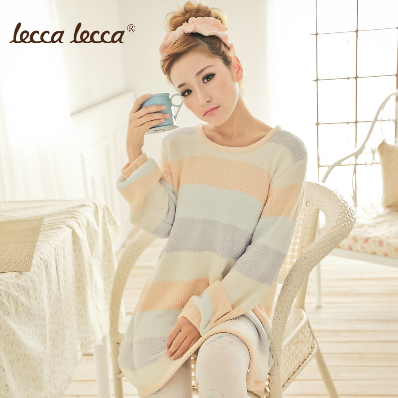 Leccalecca2012 autumn and winter long-sleeve nightgown female sweet stripe lounge sleepwear