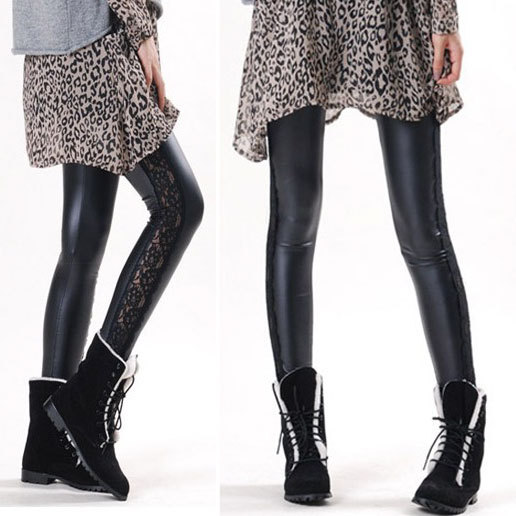 Legging 2012 street fashion faux leather exquisite lace patchwork ankle length trousers 100% cotton legging