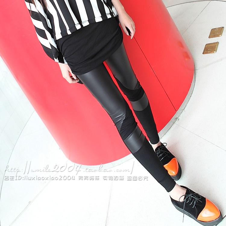 Legging autumn faux leather patchwork basic ankle length trousers female lu90319