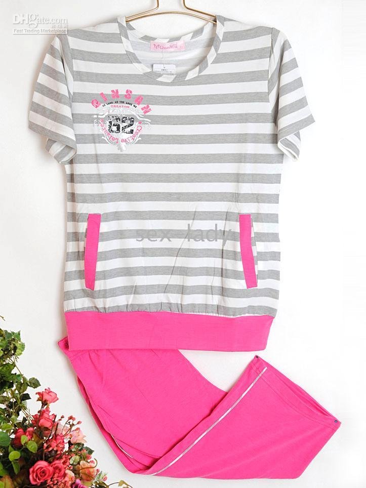 Leisure suits Gray horizontal stripes T-shirt +rose pants Sportswear home clothing 2010 new style