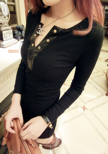 Lemon pocket 2012 knitted cotton faux leather patchwork small sexy V-neck medium-long solid color basic t-shirt