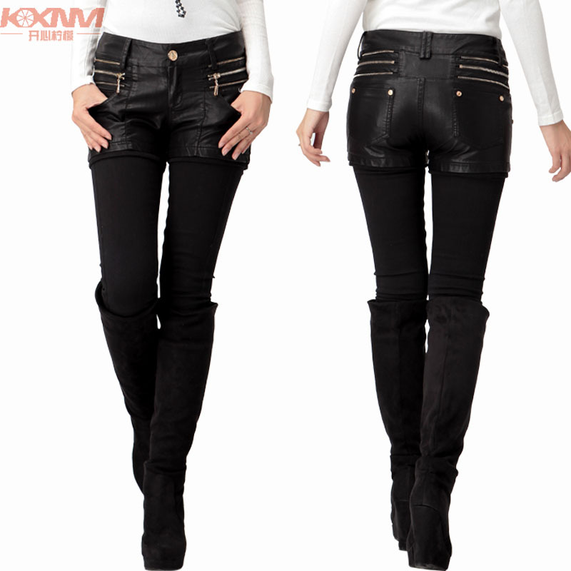 Lemon women's PU shorts mid waist boot cut jeans leather pants shorts female trousers