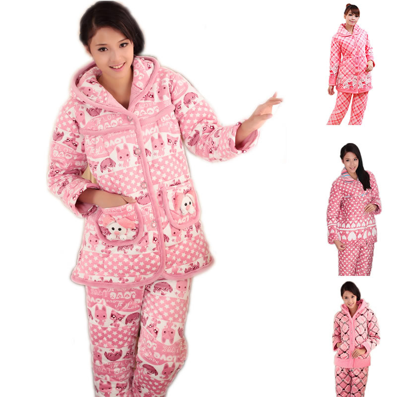 Lengthen thick coral fleece 100% cotton women's sleepwear winter long-sleeve cartoon lounge set