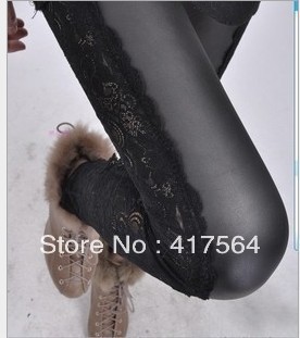 Lengthened code D172 autumn and winter new side lace leather-stitching stretch lace leggings women