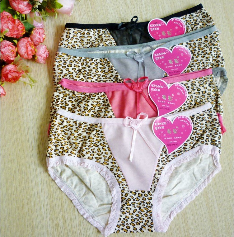 Leopard grain sexy cotton hollow out lace triangle ladies underwear